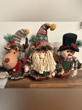 Set of 3 Plush Holiday Figurines - Cream Beard, Green & Red Hat